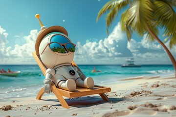 Wall Mural - Spaceman in spaceship spacesuit with panama hat wearing sunglasses sunbathing on a sun chair on a tropical beach, caricature