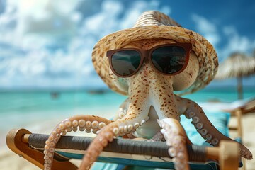 Wall Mural - squid with panama hat wearing sunglasses sunbathing on a sun chair on a tropical beach, caricature