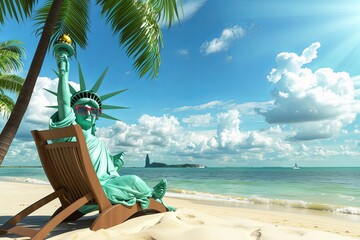 Wall Mural - statue of liberty with panama hat wearing sunglasses sunbathing on a sun chair on a tropical beach, caricature
