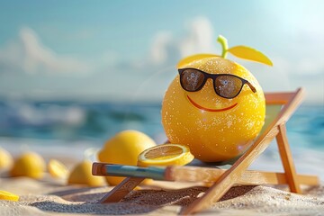 Canvas Print - lemon wearing sunglasses sunbathing on a sun chair on a tropical beach, caricature