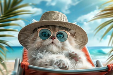 Wall Mural - persian cat with Panama hat wearing sunglasses sunbathing on a sun chair on a tropical beach, caricature