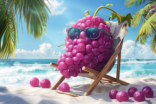 A funny grape wearing sunglasses sunbathing on a sun chair on a tropical beach, caricature