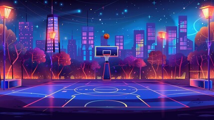 Wall Mural - An outdoor sports playground with a ring on a shield, illuminated by lanterns against a dark cityscape background. Illustration of a street basketball court at night.