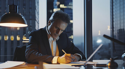 Poster - Businessman Sitting At Desk Writing In Notebook In Modern Open Plan Office : Generative AI