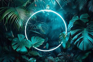 Poster - Circle made of blus neon light on green jungle leaves background