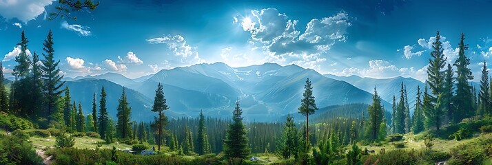 Poster - Mountain landscape with green pine trees realistic nature and landscape