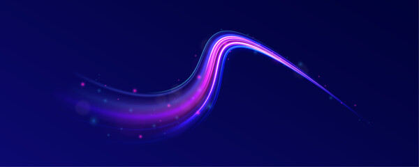 High speed effect motion blur night lights blue and red. Acceleration speed motion on night road. Laser beams luminous abstract sparkling. Purple glowing wave swirl, impulse cable lines.