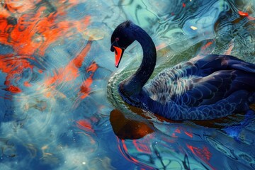 Poster - Majestic black swan swims gracefully on a shimmering pond with vibrant reflections