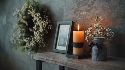 Indoors a photo frame with a black ribbon stands on a light grey table beside a burning candle and a wreath of plastic flowers near the wall forming a heartfelt remembrance setting