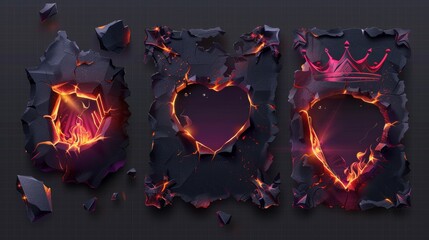 Poster - Isolated frames in a realistic 3D modern illustration on transparent background showing burnt hearts and crowns with smoldering fire and uneven edges.