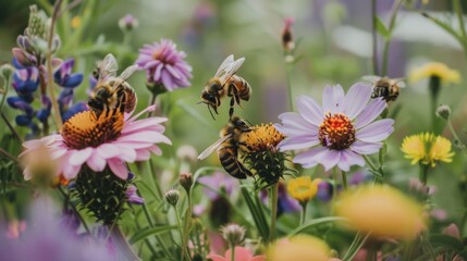 Aufkleber - Close-up of bees buzzing around a patch of vibrant wildflowers, their busy activity essential to the cycle of life.