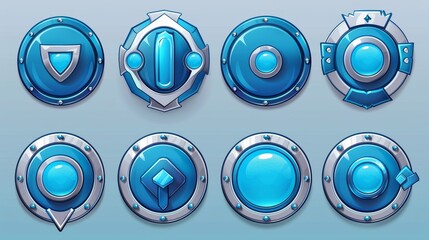 Poster - a modern cartoon set of round icons with a steel border in medieval style, circle award labels isola