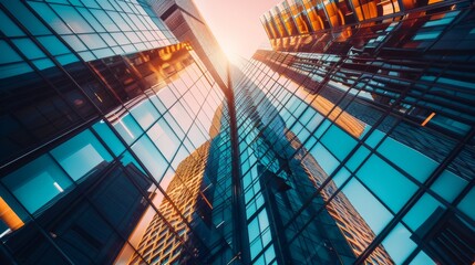 Aufkleber - Close-up of sleek glass facades reflecting sunlight on towering office buildings, a symbol of corporate power.