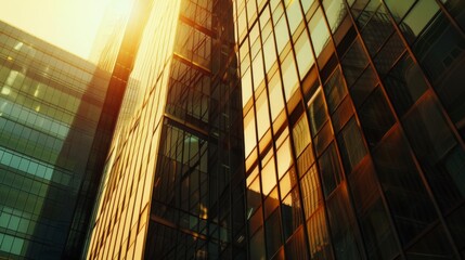 Aufkleber - Close-up of sleek glass facades reflecting sunlight on towering office buildings, a symbol of corporate power.