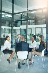 Poster - Meeting, corporate and businesspeople for teamwork with conversation for marketing strategy. Finance company, schedule and diversity with brainstorming for hiring of employees for growth in Sweden.