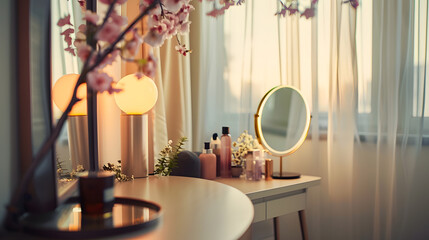 Dressing table with elegant round mirror Interior design and home staging : Generative AI