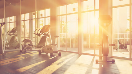 Poster - Sunshine fitness and empty gym for exercise workout and training Sunlight room and a club for sports health or cardio and exercising routine in the morning in summer for wellness and r : Generative AI