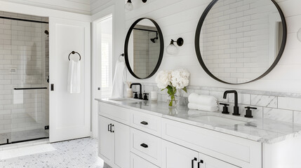 Poster - A modern farmhouse bathroom with a white vanity and marble countertop circular black mirrors and a view to the white subway tile shower : Generative AI