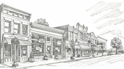 charming midwest main street historic storefronts and downtown architecture sketch illustration