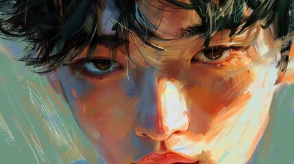 Wall Mural - closeup portrait of a young handsome korean male model digital painting