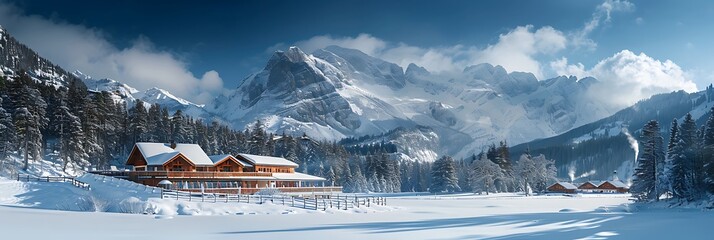 Wall Mural - Mountain restaurant and hotel and Alps Mountains in winter, Ankogel, Austria realistic nature and landscape