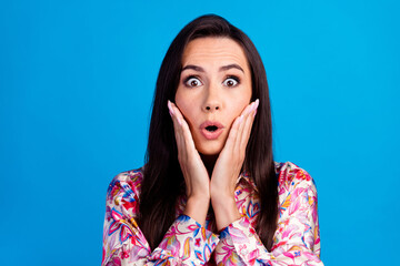 Sticker - Photo of funky shocked lady dressed print blouse arms cheeks isolated blue color background