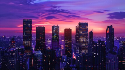 Poster - Downtown skyline at dusk, with city lights illuminating the tall buildings against the backdrop of a twilight sky.