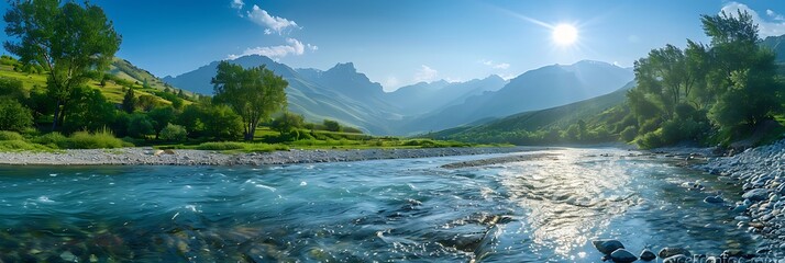 mountain river on a sunny morning, beautiful nature in the mountains, azerbaijan caucasus nature rea