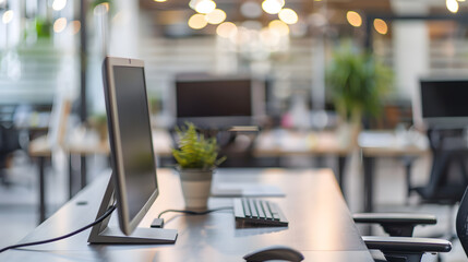 Fototapete - Modern business office without people with blurred bokeh background tables chairs computers copy space High quality photo : Generative AI