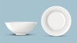 White bowl, deep plate for liquid food, soup, sauce, rice or porridge. Modern realistic illustration of round ceramic dish.
