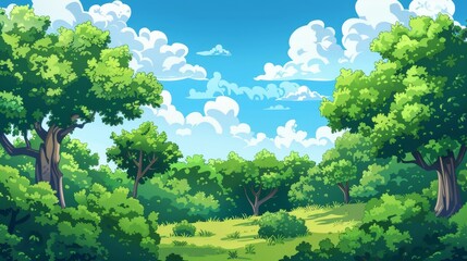 Wall Mural - Trees, bushes, grass in a summer forest landscape. Nature park scenery, countryside panorama on sunny day, blue sky with white clouds.