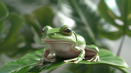 Wall Mural - cute green frog sitting on leaf realistic 3d render of amphibian animal