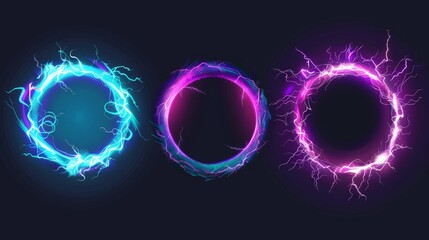 Poster - A circle border for an avatar in a game with lightning effects. Modern illustration of neon thunderbolts. Design of different fantasy elements for a wreath. Design for winner ring.