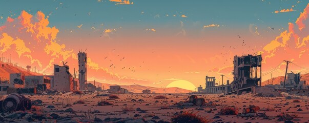 A cybernetic wasteland where rusting remnants of technology and decaying infrastructure merge with the barren landscape, creating a hauntingly beautiful scene of desolation.   illustration.