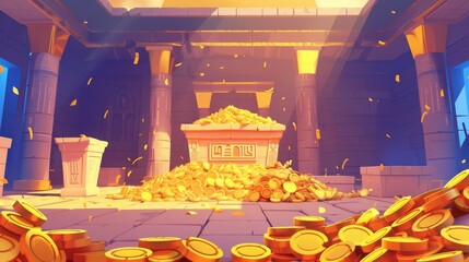 Wall Mural - Inside of an Egyptian pharaoh's tomb. Sarcophagus containing gold coins in piles. Mummy tomb inside of an ancient Egyptian temple. Modern cartoon illustration.