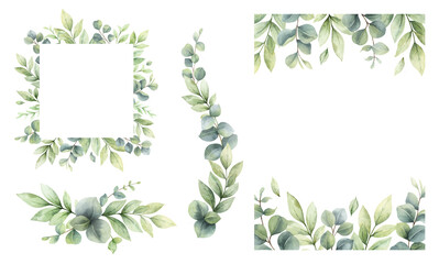 Wall Mural - Eucalyptus leaves and greenery borders set.  Watercolor green leaves and branches. C for invitations, greeting cards, save the date, albums. Hand drawn illustration.