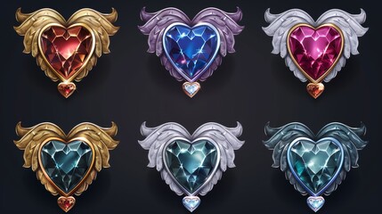 Poster - Medal game badge featuring any heart gem rank in gold, silver, bronze, and platinum design. Achievement icon amulet or button asset set. Magic medieval jewelry trophy.