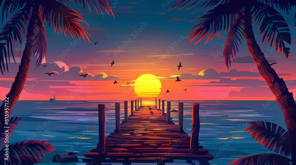 Cartoon illustration of beautiful sunset over the sea from wooden pier ...