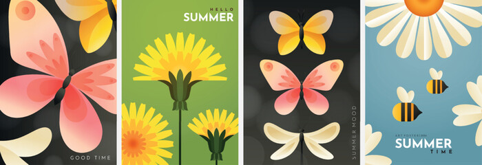 Minimalist summer posters.Bright butterflies, dragonflies, bees, dandelions and daisies. Vertical illustrations for banner, poster, advertising or flyer.