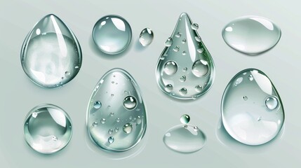 Poster - This realistic water tear modern illustration is isolated on a transparent background and has a 3D clear glass drop texture set. There is also a macro view of the liquid wet surface illustration with