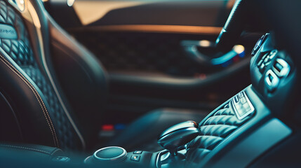 Poster - High angle view of luxury sport car front passenger seat and detail high end fabric and stitch texture along with blurred gear shift control buttons Design element and car interior bac : Generative AI