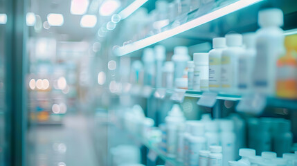 Poster - blurred unfocused pharmacy interior with shelves with medicines : Generative AI