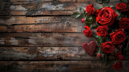 Wall Mural - A charming Valentine s Day backdrop featuring red roses and a heart placed on rustic wooden planks