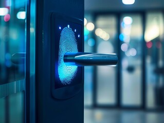 High-tech security system with fingerprint recognition and blue illumination at an entrance