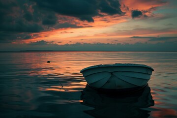 Sticker - Peaceful scene featuring a solitary boat afloat on glassy waters under a vibrant sunset sky