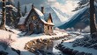 landscape with snow covered mountains, Beautiful cozy fantasy stone cottage in a winter forest aside a cobblestone path and a babbling brook. Stone wall. Mountains in the distance. Magical snow and fe
