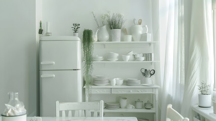 Aufkleber - Minimal cozy light home style scandinavian interior after repair White furniture with utensils shelves with crockery and plants in pots refrigerator in simple dining room panorama empt : Generative AI