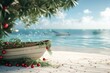 Festive boat adorned with holiday decorations on a tranquil tropical beach, blending christmas and summer vibes