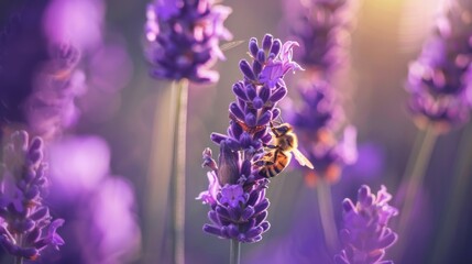 Poster - Macro shot of a bee collecting nectar from a blooming lavender plant, framed against a backdrop of purple flowers.
