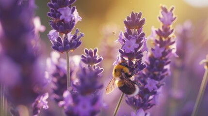 Poster - Macro shot of a bee collecting nectar from a blooming lavender plant, framed against a backdrop of purple flowers.
